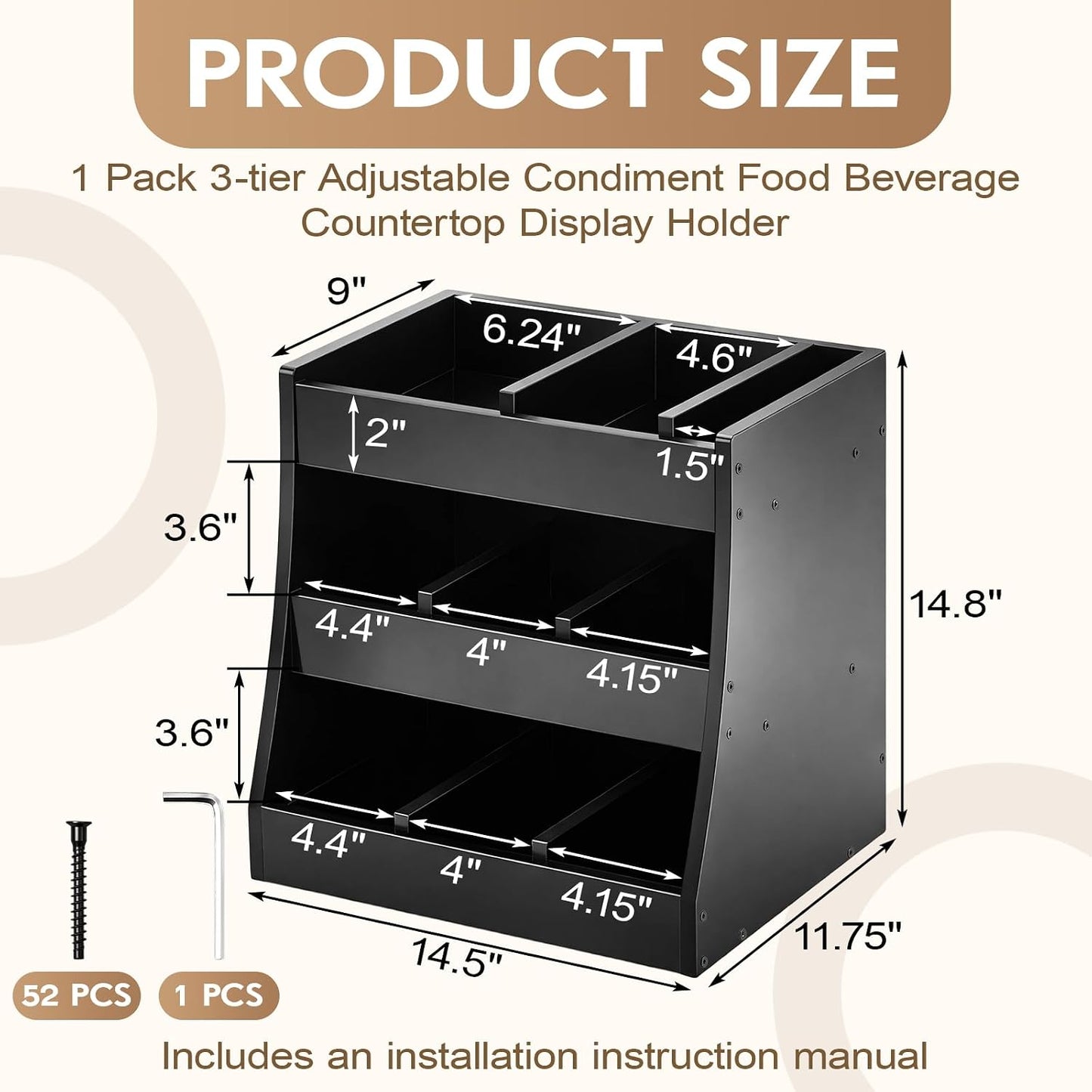 Blulu 3-tier Adjustable Condiment Organizer for Countertop Condiment Food Beverage Holder Wooden Condiments Bottle Sauce Packet Organizer Bin for Coffee Shops Restaurants Bars 14.5" x14.8" x 11.75"