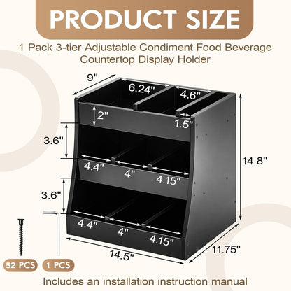 Blulu 3-tier Adjustable Condiment Organizer for Countertop Condiment Food Beverage Holder Wooden Condiments Bottle Sauce Packet Organizer Bin for Coffee Shops Restaurants Bars 14.5" x14.8" x 11.75"