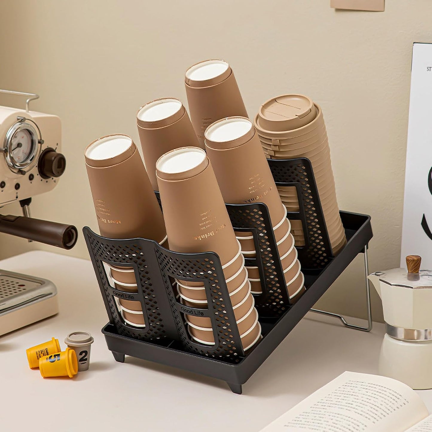 Tirifer Cup and Lid Holder, Disposable Paper Cup Dispenser with Stand, 6 Slots Coffee Cup and Lid Storage Organizer for Coffee Station Bar Office Home Countertop Breakroom Restaurant