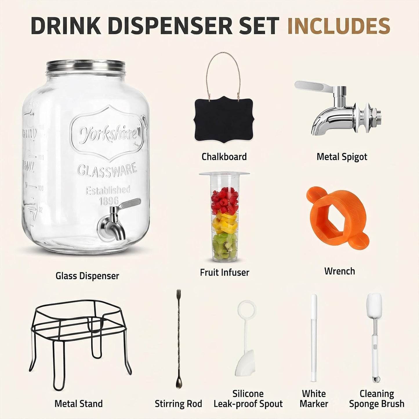 2 Pack1 Gallon Glass Drink Dispensers For Parties,Beverage Dispenser with Stand,304 Stainless Steel Spigot Leakproof,Lemonade Dispenser for Sun Tea, Homemade Juice