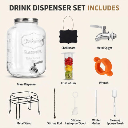 2 Pack1 Gallon Glass Drink Dispensers For Parties,Beverage Dispenser with Stand,304 Stainless Steel Spigot Leakproof,Lemonade Dispenser for Sun Tea, Homemade Juice