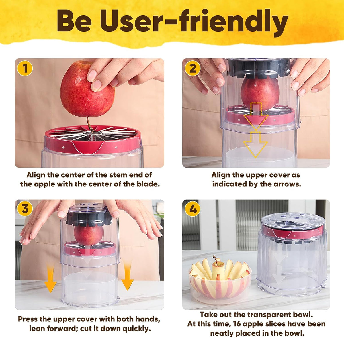 Newness 5.12-Inch Apple Slicer – Extra-Large, Ultra-Safe Stainless Steel Cutter for 8 Perfect Slices, Effortless Cutting, Cuts All the Way Through with Transparent Bowl