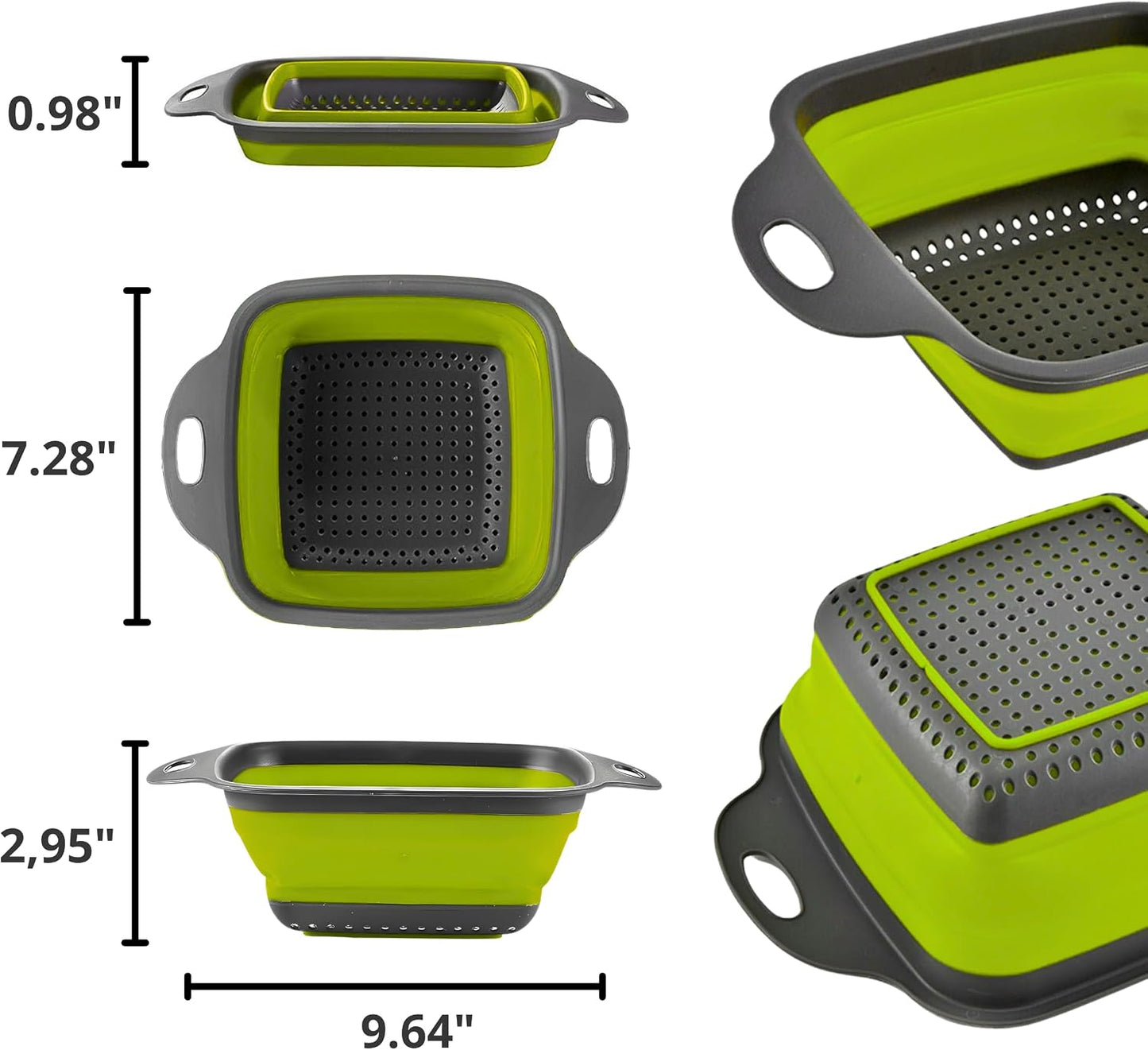 3PCS Green Foldable Kitchen Strainer Set – Silicone Colander Collapsible Strainers and Colanders Green Collander for Kitchen Collapsible Compact Drain Tools for Cooking Prep