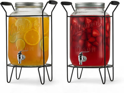 3 Gallon Classic Ice Cold Clear Glass Mason Jug Drink Beverage Dispenser Durable On Galvanized Stand With Leak Free Spigot-Easy Filling For Outdoor, Parties & Daily Use Lid