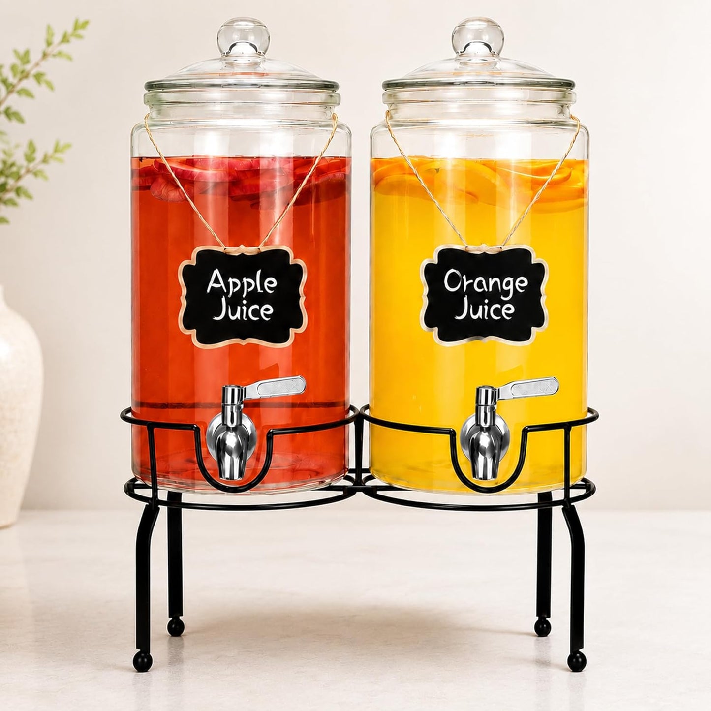 1 Gallon Beverage Dispenser 1 Pack, Stainless Steel Spigot Drink Dispenser for Parties with Stand, Clear Glass Drink Container Easy to Refill and Clean