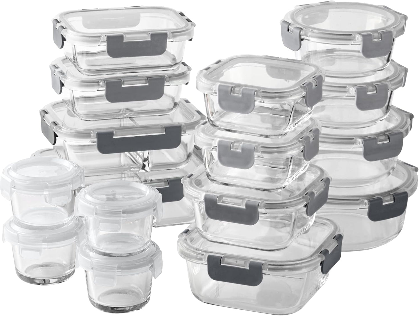 COOK WITH COLOR Premium 32-Pc. Borosilicate Glass Food Container Set with Dividers - 4 Rectangles, 8 Rounds, 4 Squares - Leakproof Lids - Meal Prep, Storage, Grey