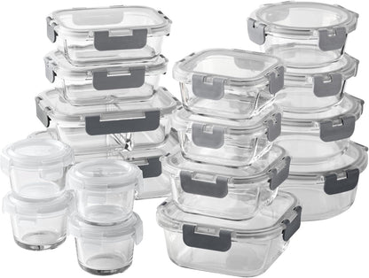 COOK WITH COLOR Premium 32-Pc. Borosilicate Glass Food Container Set with Dividers - 4 Rectangles, 8 Rounds, 4 Squares - Leakproof Lids - Meal Prep, Storage, Grey