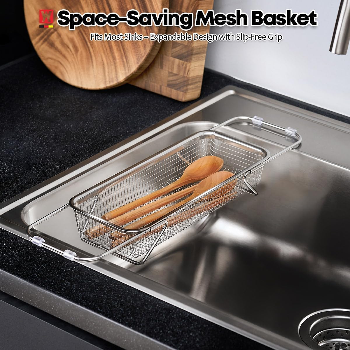 WAGENSTEIGER Extendable Dish Rack with Feet, Vegetable Colander Basket, Stainless Steel Dish or Silverware Drying Rack, Ultimate Kitchen Organizer Over the Sink (11.81 x 8.27 x 2.76 Inches)