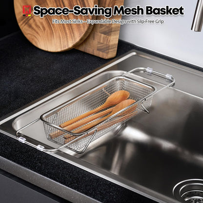 WAGENSTEIGER Extendable Dish Rack with Feet, Vegetable Colander Basket, Stainless Steel Dish or Silverware Drying Rack, Ultimate Kitchen Organizer Over the Sink (11.81 x 8.27 x 2.76 Inches)