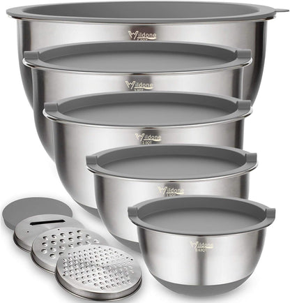 Wildone Mixing Bowls with Airtight Lids Set, 5PCS Stainless Steel Khaki Nesting Bowls for Kitchen, with Grater Attachments & Non-Slip Bottoms, Size 5, 3, 2, 1.5, 0.63 QT, Great for Mixing & Serving
