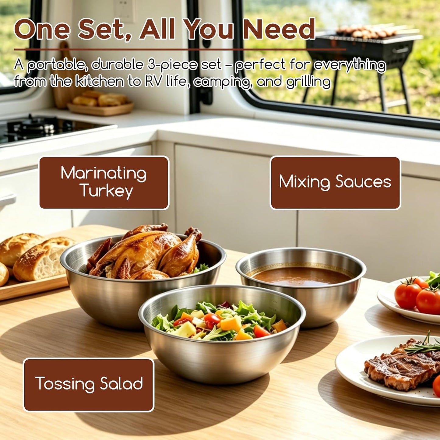 Gronivex 304 Stainless Steel Mixing Bowls, 3-Piece (1.5, 2.2 & 3.4 Qt) | Thicker-Gauge, Food-Grade Metal, Stackable Nesting & Space-Saving – For Kitchen Baking, Salads, Meal Prep, RV & Camping Use