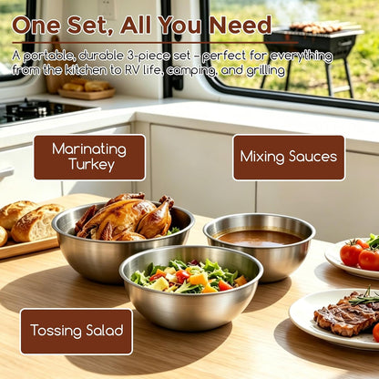 Gronivex 304 Stainless Steel Mixing Bowls, 3-Piece (1.5, 2.2 & 3.4 Qt) | Thicker-Gauge, Food-Grade Metal, Stackable Nesting & Space-Saving – For Kitchen Baking, Salads, Meal Prep, RV & Camping Use