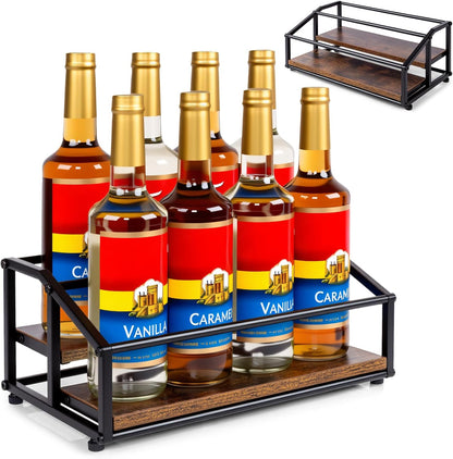 kimilus Coffee Syrup Organizer Rack, Liquor Bottle Display Shelf, 2 Tier 10 Syrup Bottles Holder Stand for Coffee Bar Kitchen Small Wine Rack for Family Storage for Syrup Wine Dressing