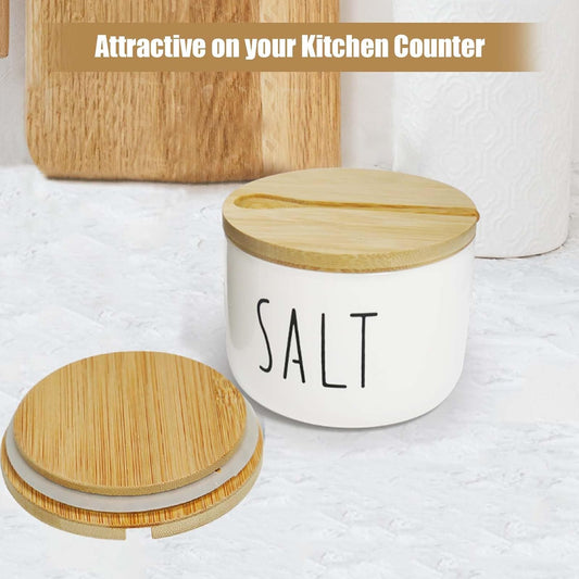 Farmhouse Salt And Pepper Containers,Salt Containers For Countertop,Stacked Ceramic Cellar With Bamboo Lid, Spice Box With Spoon,Seasoning Holder with lid,Ceramic Bowls (B&W H)