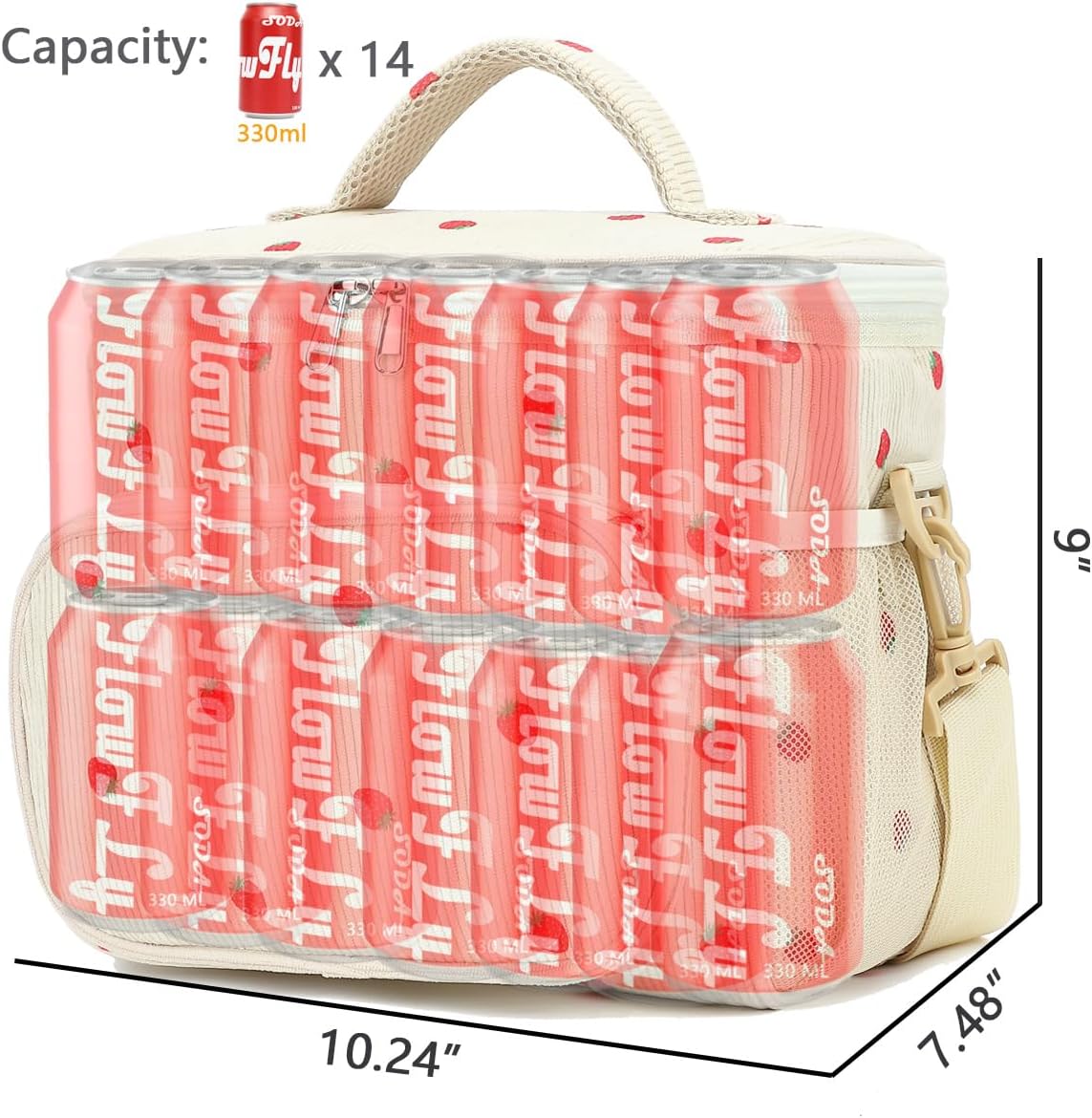 FlowFly Insulated Reusable Lunch Bag Adult Large Lunch Box for Women and Men with Adjustable Shoulder Strap,Front Zipper Pocket and Dual Large Mesh Side Pockets,Cherry - Colors A