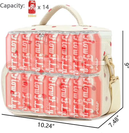 FlowFly Insulated Reusable Lunch Bag Adult Large Lunch Box for Women and Men with Adjustable Shoulder Strap,Front Zipper Pocket and Dual Large Mesh Side Pockets,Cherry - Colors A