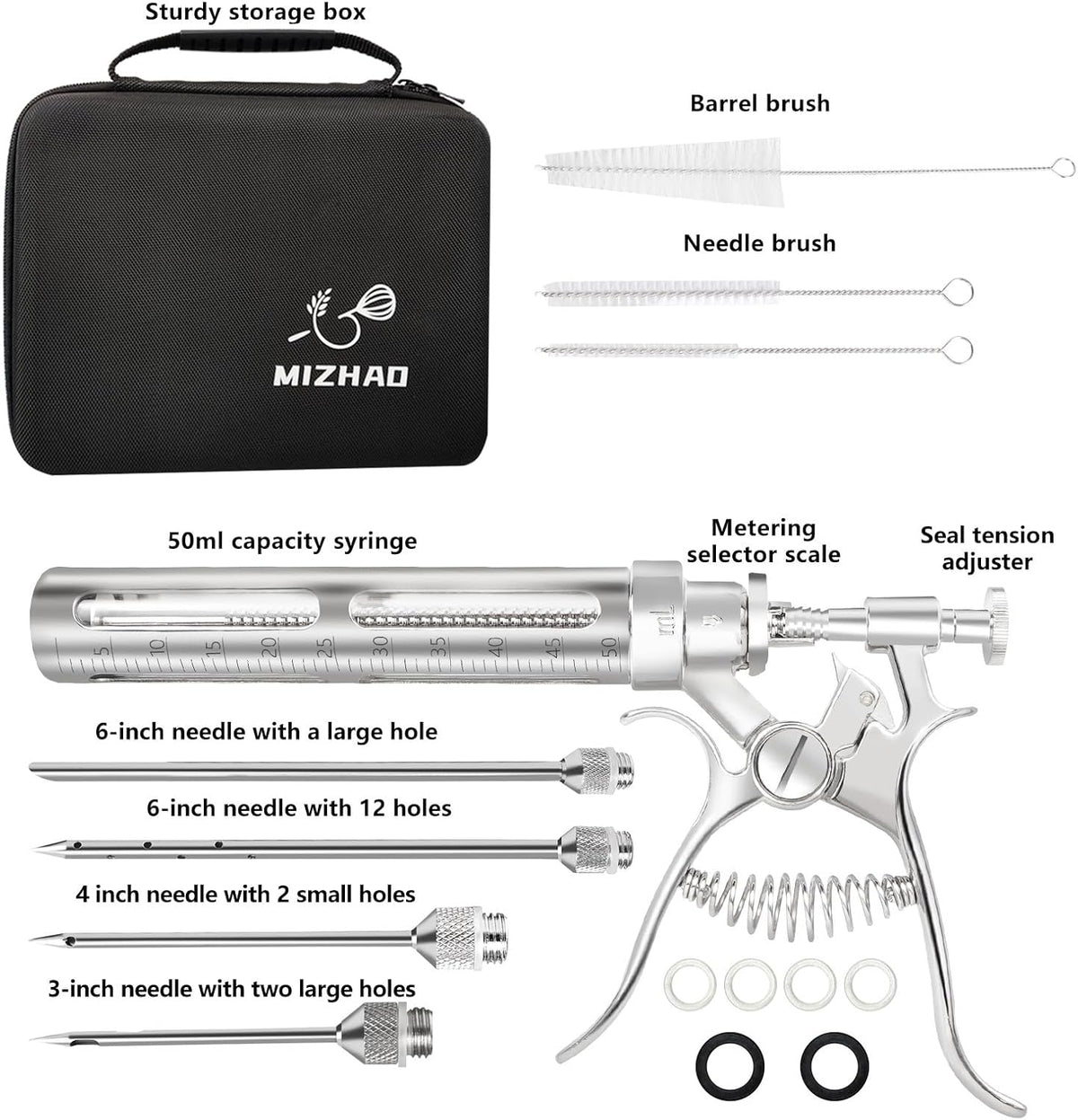 Premium Meat Injector Kit - Stainless Steel Marinade Syringe with 4 Needles, Leak-Proof, Food-Grade Injector for BBQ, Turkey, Chicken, and Grilling（9.15in）