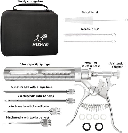 Premium Meat Injector Kit - Stainless Steel Marinade Syringe with 4 Needles, Leak-Proof, Food-Grade Injector for BBQ, Turkey, Chicken, and Grilling（9.15in）