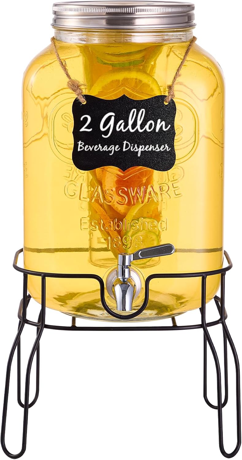 1 Gallon Glass Drink Dispensers for Parties, 2 Pack Beverage Dispenser with Stand, Fruit Infuser & Leakproof Stainless Steel Spigot, Juice Dispenser for Lemonade, Iced Tea, Sun Tea & Infused Water