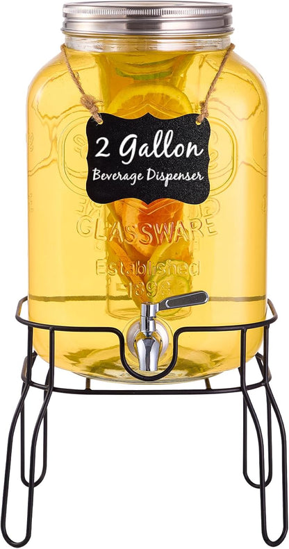 1 Gallon Glass Drink Dispensers for Parties, 2 Pack Beverage Dispenser with Stand, Fruit Infuser & Leakproof Stainless Steel Spigot, Juice Dispenser for Lemonade, Iced Tea, Sun Tea & Infused Water