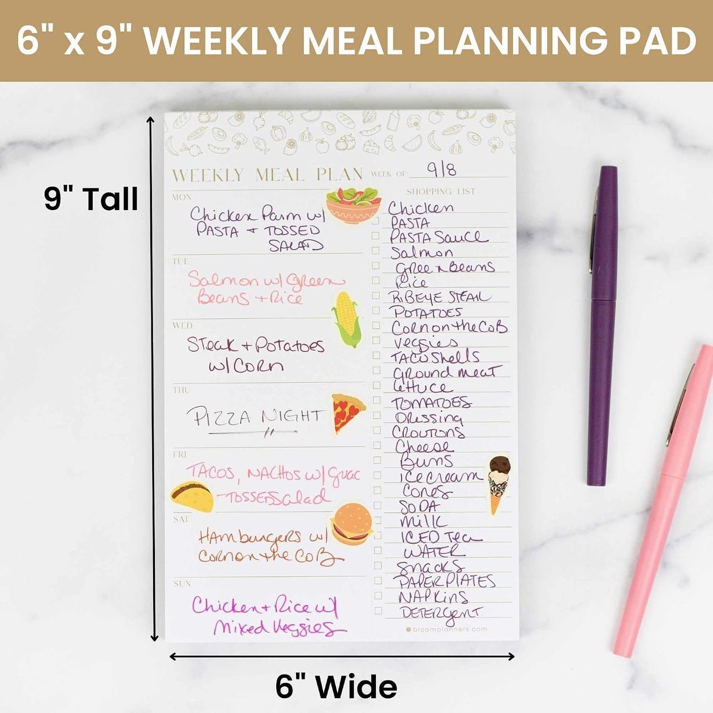 bloom daily planners Weekly Meal Planning Pad - Magnetic Hanging Refrigerator Menu Planner with Tear-Off Sheets & Perforated Grocery Shopping Lists - 6” x 9” (Grey & Pink)