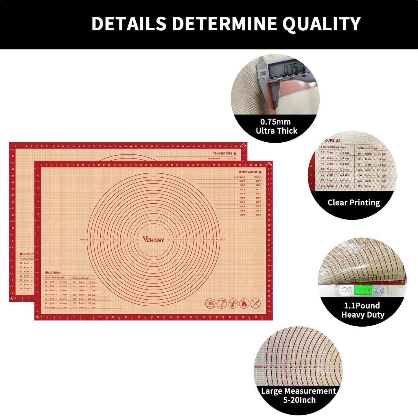 Extra Large Silicone Pastry Mat for Counter Rolling Dough,36x24 Inch,0.75mm Thick,Non Slip Silicone Baking Mat with Measurement(36 x 24 In,Red)