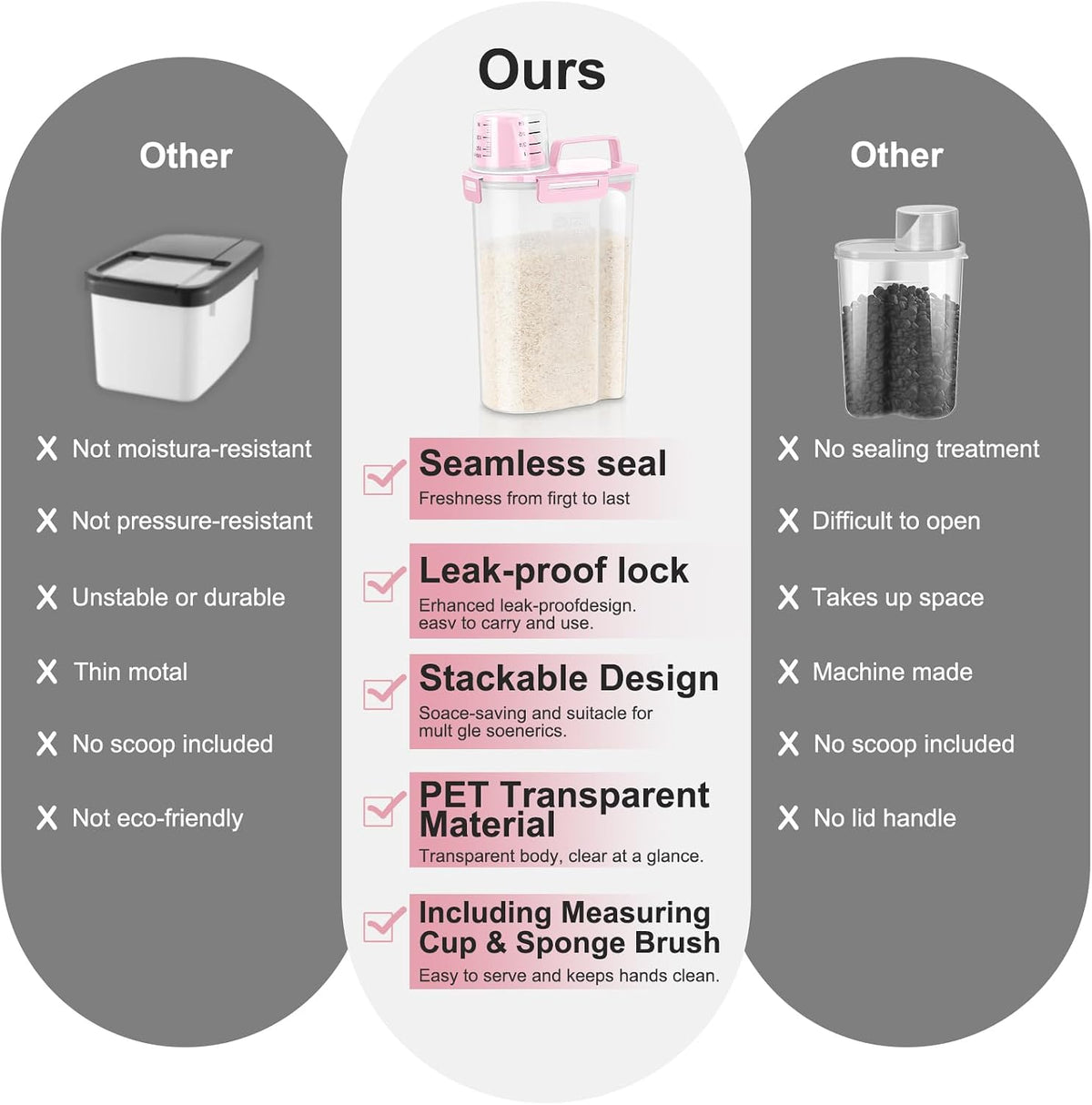 LEAWALK Airtight Rice Storage Container, 3-5Lbs Cereal Dry Food Flour Bin, Pet Dog Cat Food Dispenser with Measuring Cup, BPA Free Plastic Kitchen and Pantry Organization Bin for Sugar-Clear Grey