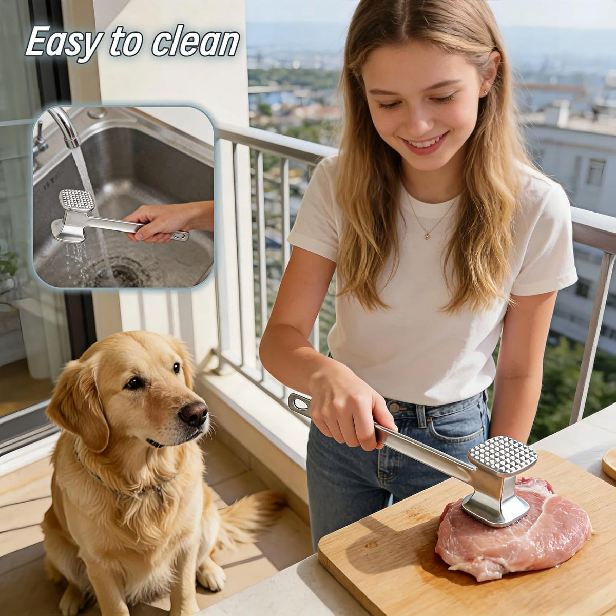 Meat Tenderizer Tool – Double-Sided Heavy Duty Mallet for Steak, Beef, Fish – Ergonomic Non-Slip Handle, Rustproof Aluminum, Easy Hang Storage