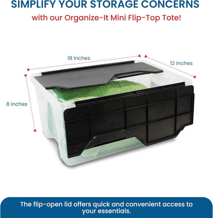 ORGANIZE-IT!, 6-Pack Flip-Top Tote 28 Qt, Storage Bin with a Clear Plastic Base, Black Lid, Stackable, 18" L X 12" W X 8" H