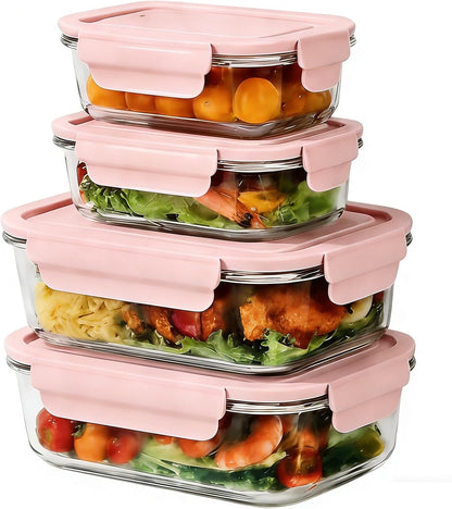 Glass Food Storage Containers with Lids, Airtight Meal Prep Containers, 4 Pack Set with Multiple Sizes (Purple)
