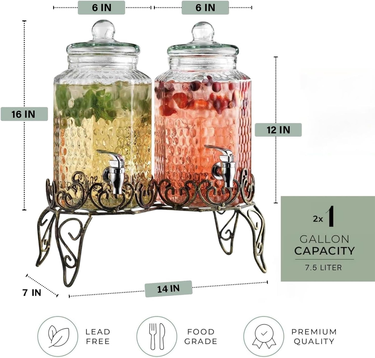 Glass Beverage Dispenser with Classy Metal Stand (Set of 2), 1.Gallon Glass Drink Dispenser with 100% Leak Proof Spigot, Party Drink Dispenser for Lemonade, Punch, Water, Juice for Parties