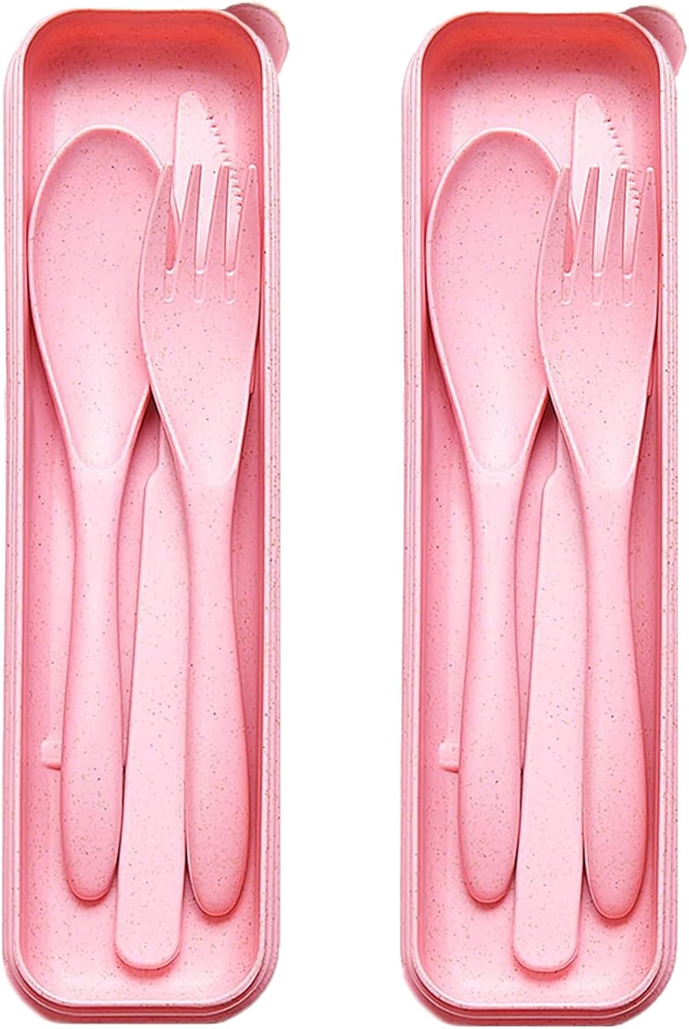 Reusable Travel Utensils Set with Case, 2 Sets Wheat Straw Portable Plastic Fork Spoons Knife Cutlery, Camping Eco-Friendly BPA Free Tableware for Kids Adults Work Picnic or Daily Use (Pink)