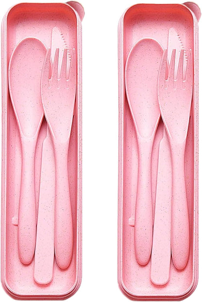 Reusable Travel Utensils Set with Case, 2 Sets Wheat Straw Portable Plastic Fork Spoons Knife Cutlery, Camping Eco-Friendly BPA Free Tableware for Kids Adults Work Picnic or Daily Use (Pink)