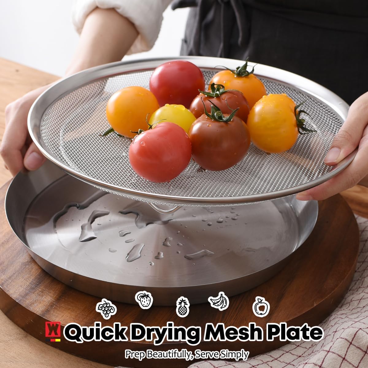 WAGENSTEIGER Stainless Steel Mesh Tray Set with Drip Pan, Air Fryer Basket and Tray, Kitchen Colander, Vegetable and Fruit Strainer, Food Filter, BBQ Prep Tool, Fruit Serving Dishes (9.84 inch)