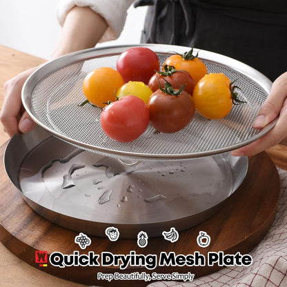 WAGENSTEIGER Stainless Steel Mesh Tray Set with Drip Pan, Air Fryer Basket and Tray, Kitchen Colander, Vegetable and Fruit Strainer, Food Filter, BBQ Prep Tool, Fruit Serving Dishes (9.84 inch)