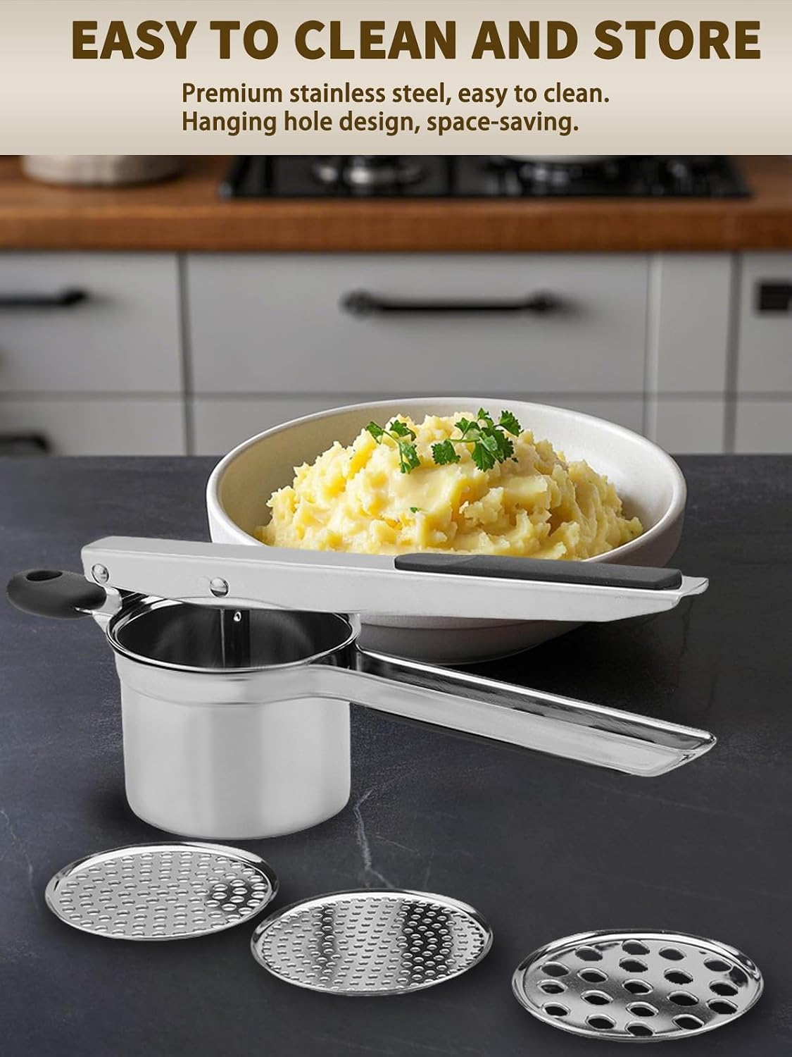 Heavy Duty Potato Ricer, Large 22oz Potato Masher, Stainless Steel Press and Mash Kitchen Gadget for Mashed Potatoes, Spaetzle Maker with Silicone Handle