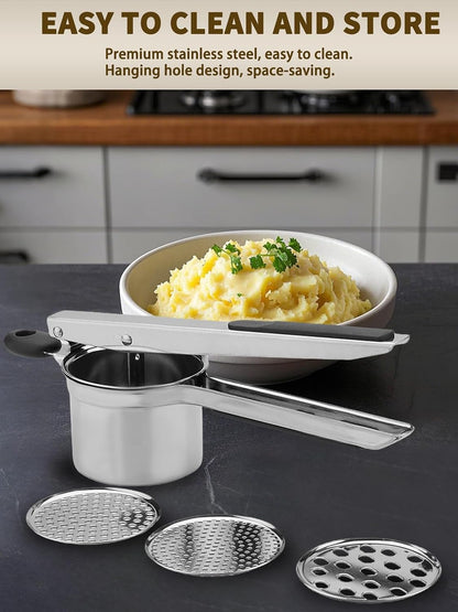 Heavy Duty Potato Ricer, Large 22oz Potato Masher, Stainless Steel Press and Mash Kitchen Gadget for Mashed Potatoes, Spaetzle Maker with Silicone Handle