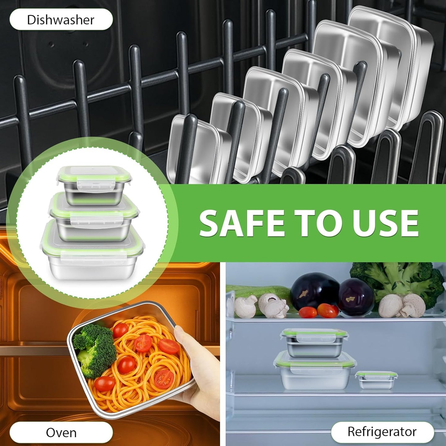 3 Pack Stainless Steel Sandwich Containers with Leak-Proof Lids, BPA-Free Airtight Metal Food Storage Boxes for Lunch, Snacks, Meal Prep – Reusable, Stackable, Dishwasher & Freezer Safe(Green)