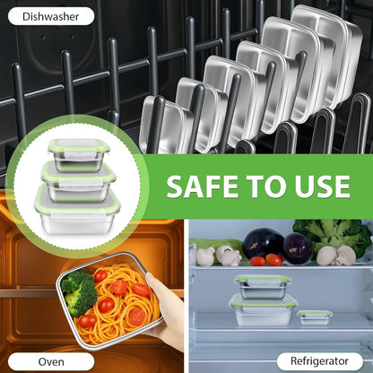 3 Pack Stainless Steel Sandwich Containers with Leak-Proof Lids, BPA-Free Airtight Metal Food Storage Boxes for Lunch, Snacks, Meal Prep – Reusable, Stackable, Dishwasher & Freezer Safe(Green)
