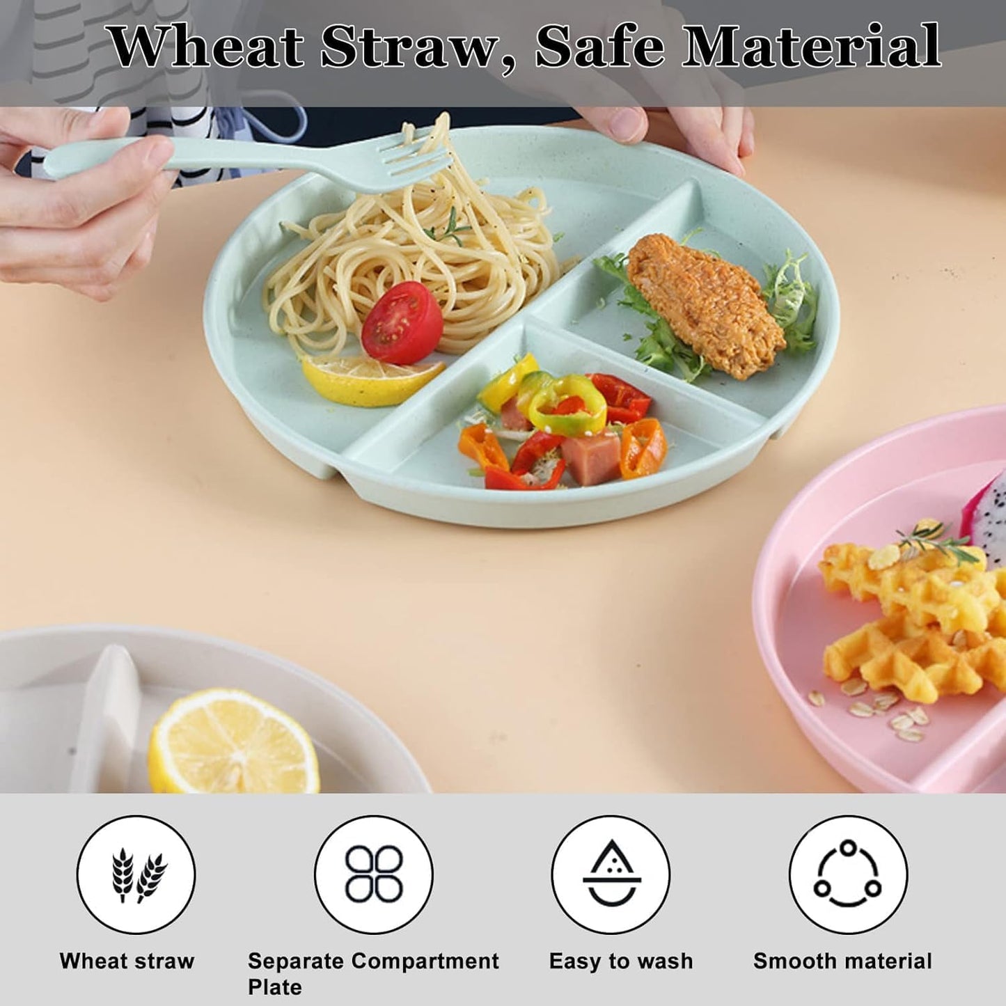 4 Pcs Portion Control Plate,9 Inch Divided Plates for Adults with 3 Compartments Suitable for Most People, Dishwasher Safe