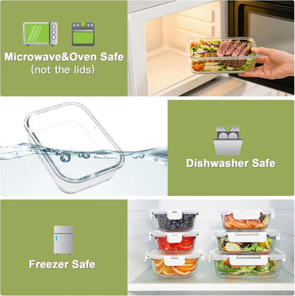BAYZZ 24 Piece Glass Food Storage Containers with Lids, Airtight Glass Meal Prep Containers for Kitchen, BPA-Free Lunch Box, Microwave and Freezer Safe