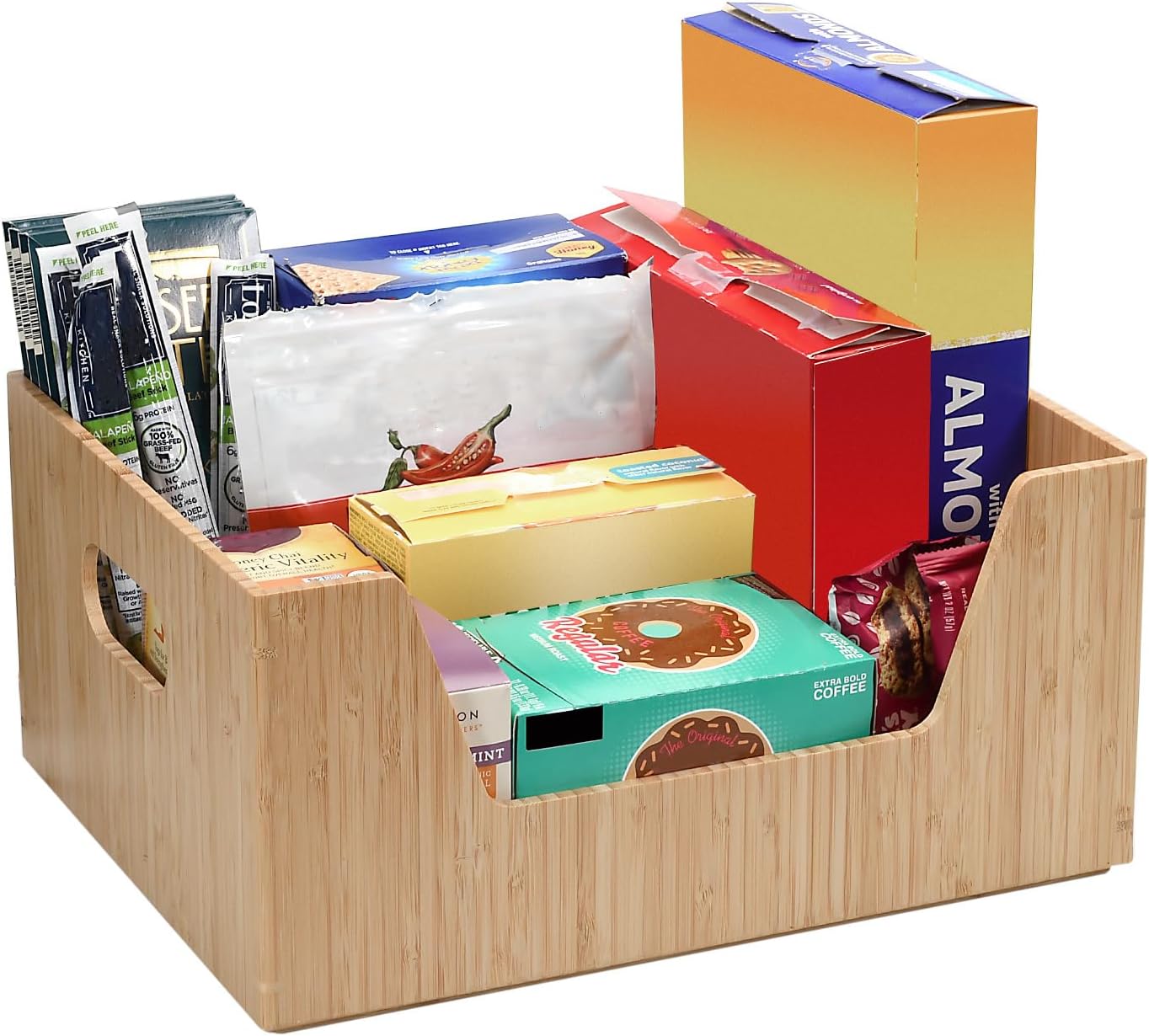 Bamboo Storage Box with Open Front Stackable Bin Organizer to use in kitchen pantries, cabinets and countertops, 14 x 11 x 6.5 inches