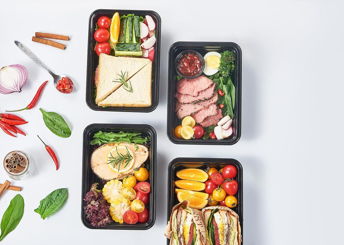 FULING 32 oz 50 ct Round Meal Prep Containers with Lids Plastic Food Storage Lunch Plan To Go Box Disposable Take Out Bowls Black BPA Free Reusable Durable Stackable Microwave Freezer Dishwasher Safe