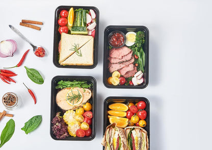 FULING 32 oz 50 ct Round Meal Prep Containers with Lids Plastic Food Storage Lunch Plan To Go Box Disposable Take Out Bowls Black BPA Free Reusable Durable Stackable Microwave Freezer Dishwasher Safe
