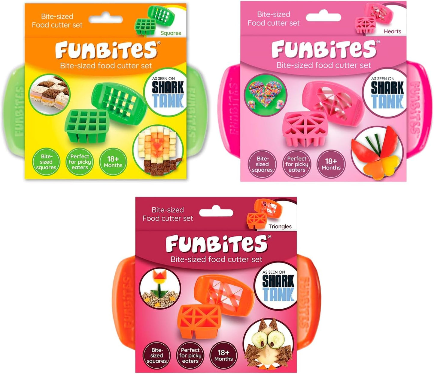 FUNBITES Crustless Sandwich Cutter for Kids Lunch, Uncrustable Sandwich Cutter (6-piece set), Bite-Size Food Cutter for Toddlers, Bento Box Accessories, Dishwasher Safe, Squares/Hearts/Triangles 3pk