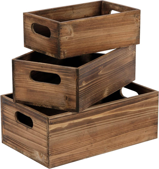 Rustic Wooden Crates for Storage Set of 3, Decorative Storage Containers with Metal Wire, Wood Crates for Farmers Market Display, Farmhouse Wood Storage Boxes for Kitchen Countertop Decor