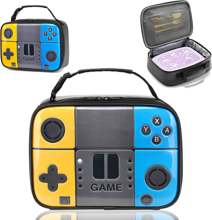 Kids Gamer Lunch Box for Boys, Game Console Insulated Lunch Bag, PU Leather Waterproof Lunchbox with Mesh Pocket, Durable Leakproof Lunch Tote Fits Bento Box for School