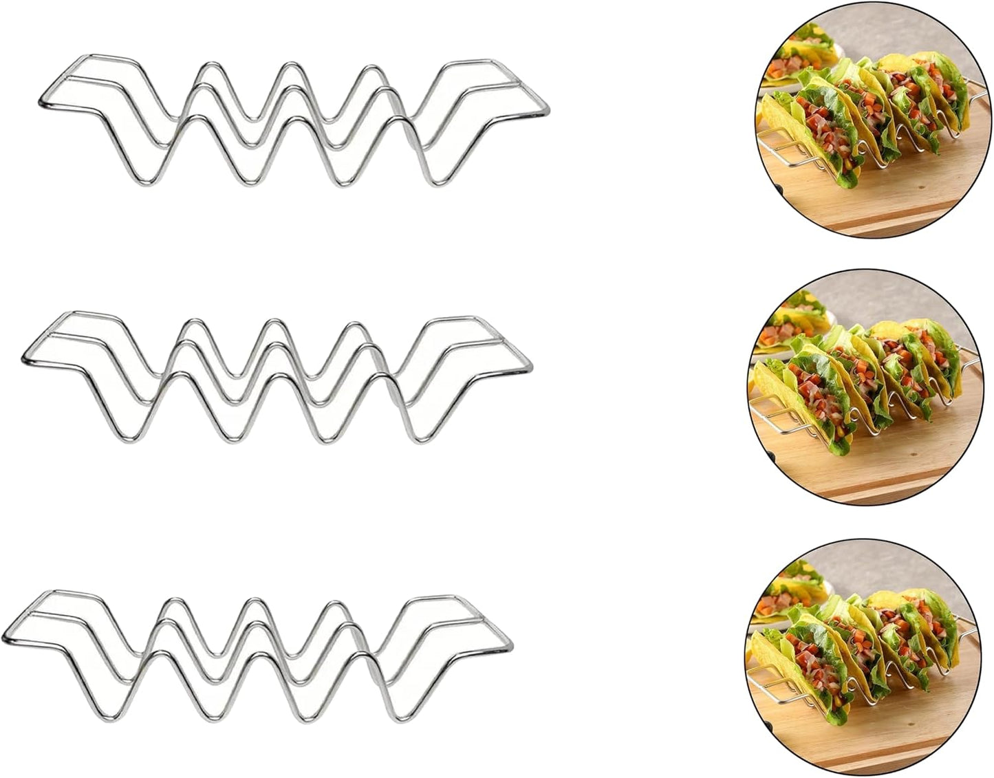 Dependable Industries inc. Essentials 3-Pack Stainless Steel Taco Holder Stand – Holds 4 Tacos Each, Oven & Grill Safe, Dishwasher-Safe Metal Taco Tray for Hard & Soft Shells, Taco Bar Serving Rack