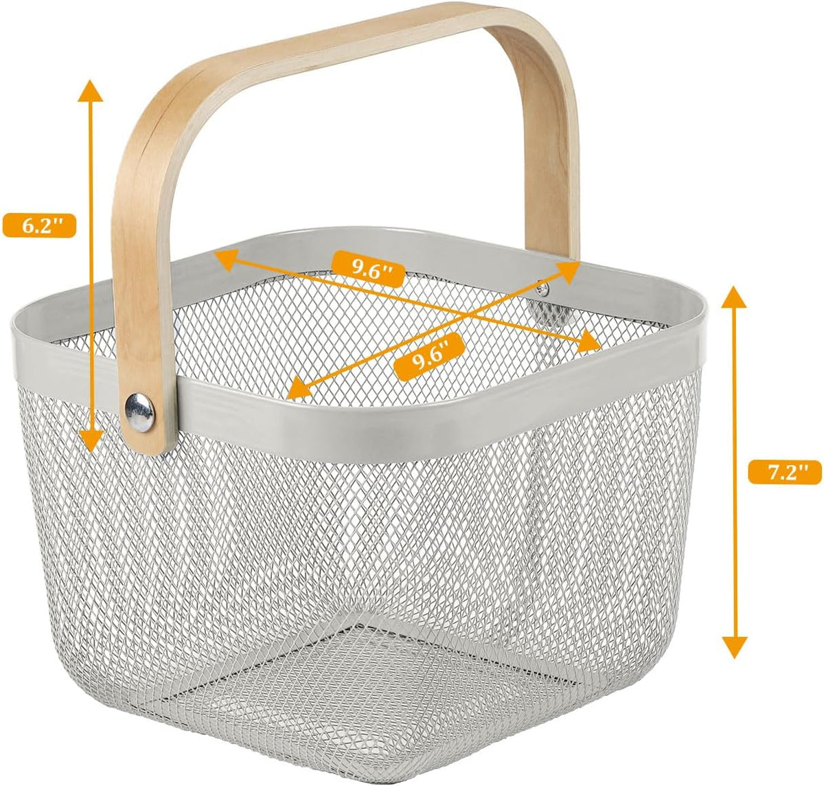 Coloful Metal Mesh Wire Basket with Foldable Wooden Handle,Bin Garden Fruit Vegetable Storage Hanging Harvest Holder for Kitchen Bathroom Picnic (Yellowish Green, Cuboid-15.7 x 9.5 x 7.2“)