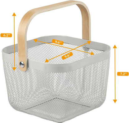 Coloful Metal Mesh Wire Basket with Foldable Wooden Handle,Bin Garden Fruit Vegetable Storage Hanging Harvest Holder for Kitchen Bathroom Picnic (Yellowish Green, Cuboid-15.7 x 9.5 x 7.2“)